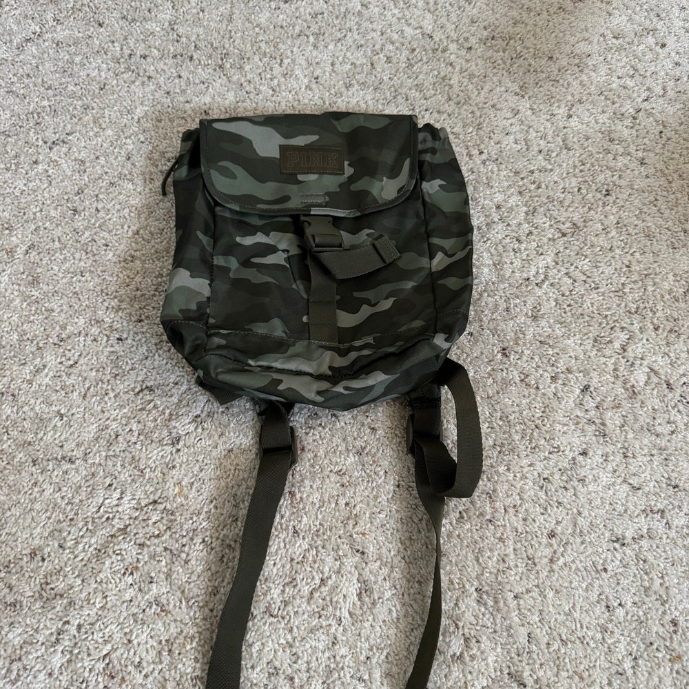 PINK Victoria's Secret Camouflage Small Backpack Drawstring Flap Buckle Green